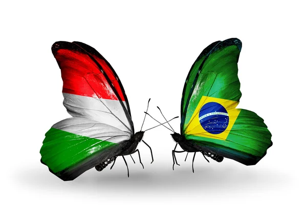 Dos mariposas con banderas de Hungría y Brasil — Foto de Stock