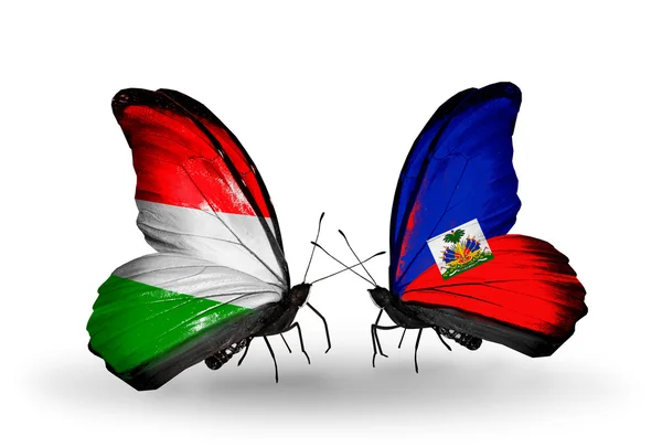 ハンガリーとハイチの国旗と 2 匹の蝶 — ストック写真