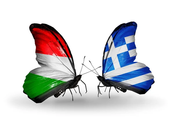 Two butterflies with flags Hungary and Greece — Stock Photo, Image