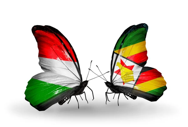 Deux papillons avec des drapeaux Hongrie et Zimbabwe — Photo