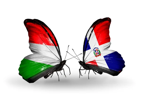 Two butterflies with flags Hungary and Dominicana — Stock Photo, Image