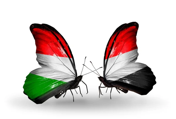 Two butterflies with flags Hungary and Yemen — Stock Photo, Image