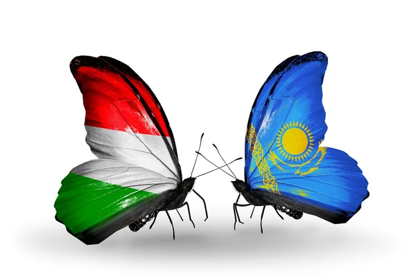 Two butterflies with flags Hungary and Kazakhstan — Stock Photo, Image