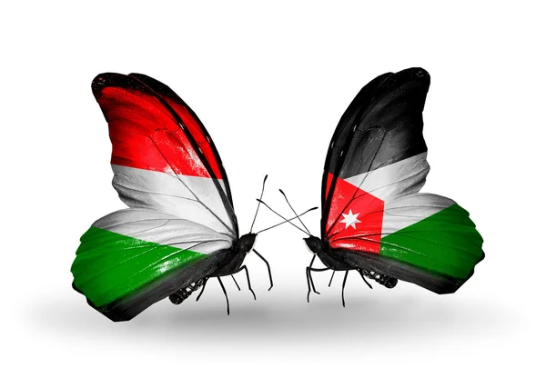 Two butterflies with flags Hungary and  Jordan — Φωτογραφία Αρχείου