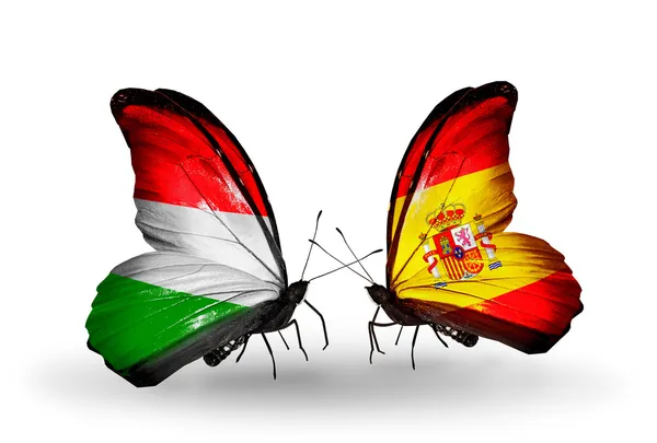 Two butterflies with flags Hungary and Spain — Stock Photo, Image