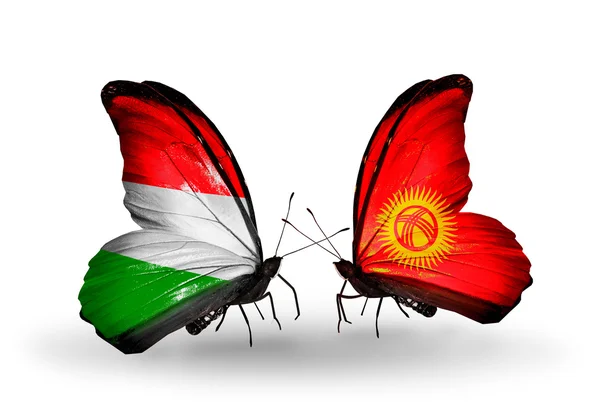 Two butterflies with flags Hungary and Kirghiz — Stock Photo, Image