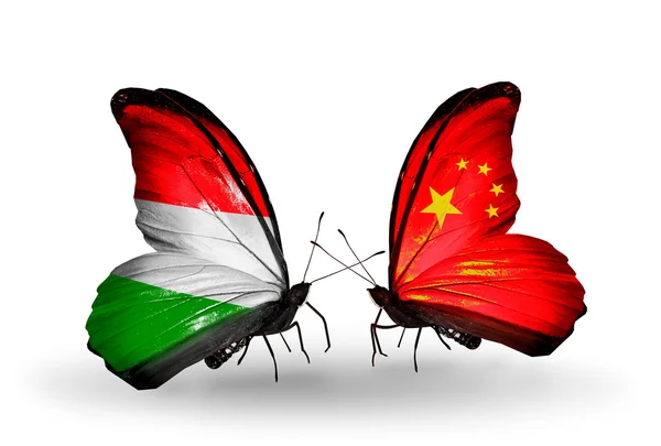 2 匹の蝶とフラグ ハンガリーと中国 — ストック写真
