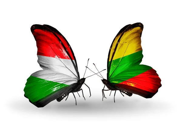 Two butterflies with flags  Hungary and Lithuania — Stock Photo, Image