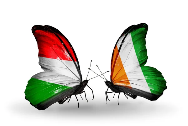 Two butterflies with flags  Hungary and Cote Divoire — Stock Photo, Image