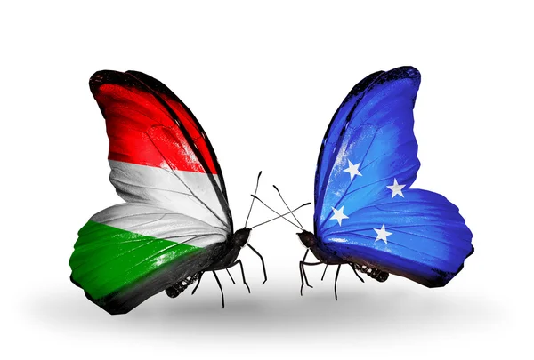 两只蝴蝶与旗帜，匈牙利和密克罗尼西亚 — 图库照片
