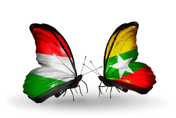 Twee vlinders met vlaggen Hongarije en myanmar — Stockfoto