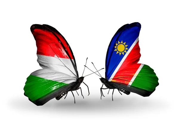 To sommerfugler med flagg Ungarn og Namibia – stockfoto