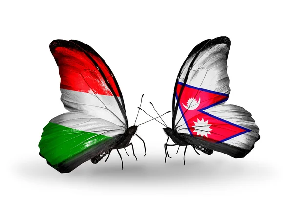 Two butterflies with flags Hungary and Nepal — Stock Photo, Image