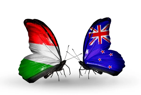 Two butterflies with flags Hungary and New Zealand — Stock Photo, Image