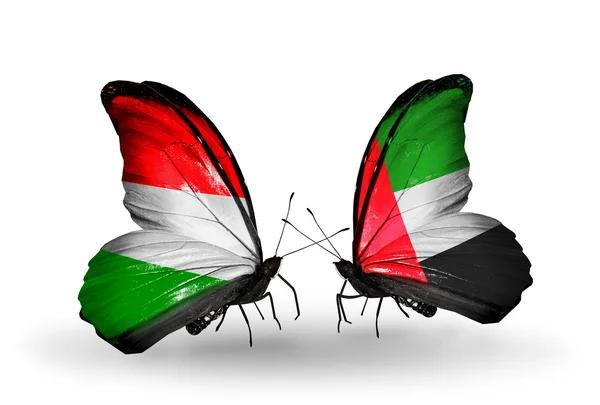 Two butterflies with flags Hungary and United Arab Emirates — Stock Photo, Image