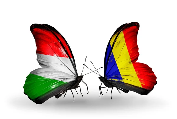 Two butterflies with flags  Hungary and Chad, Romania — Stock Photo, Image