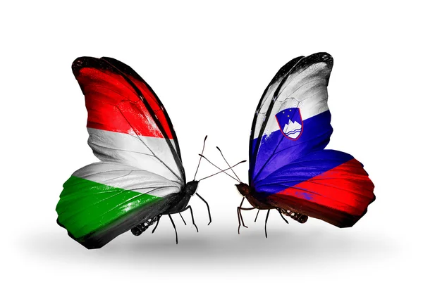 Borboletas com bandeiras Hungria e Eslovénia — Fotografia de Stock