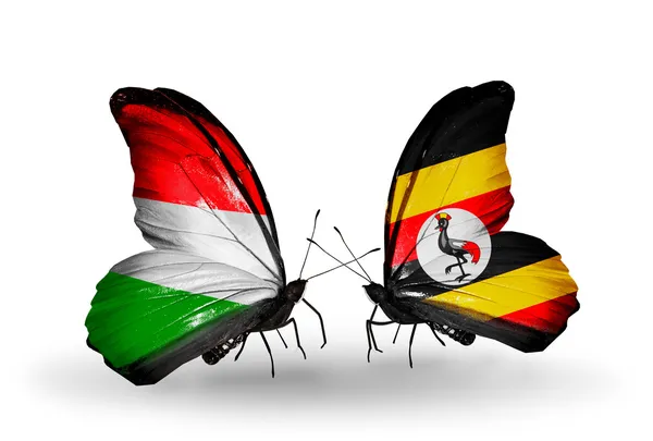 Butterflies with flags Hungary and Uganda — Stock Photo, Image