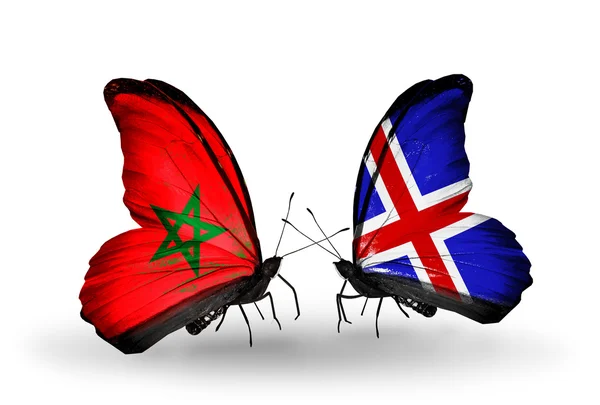 Papillons avec drapeaux Maroc et Islande — Photo