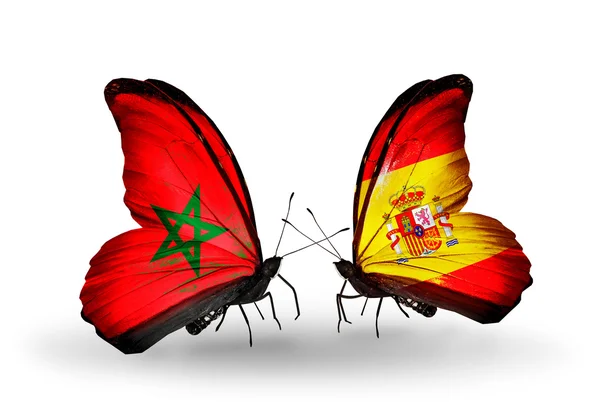 Borboletas com bandeiras Marrocos e Espanha — Fotografia de Stock
