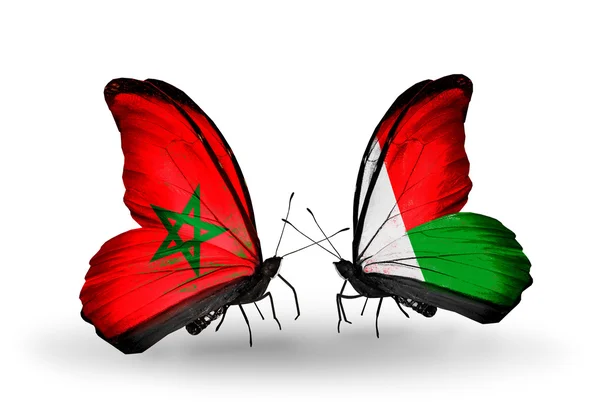 モロッコ、マダガスカルの国旗と蝶 — ストック写真