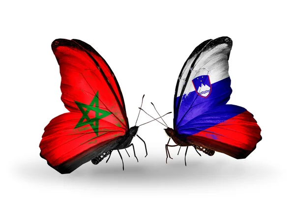 Dos mariposas con banderas Marruecos y Eslovenia — Foto de Stock