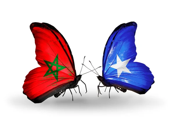 Dos mariposas con banderas Marruecos y Somalia — Foto de Stock