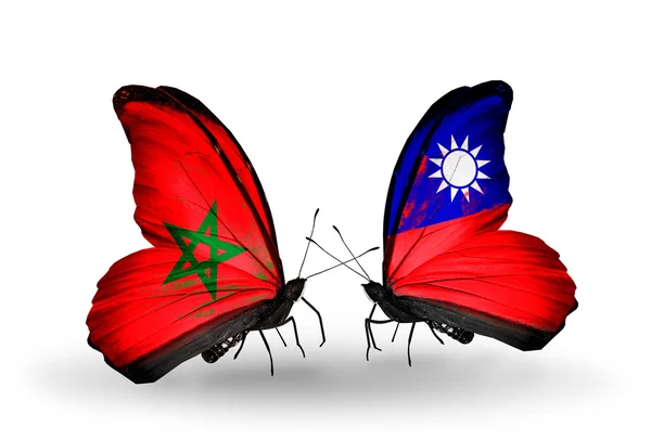 Δύο πεταλούδες με σημαίες Μαρόκο και Ταϊβάν — Φωτογραφία Αρχείου