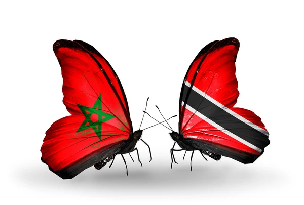 Deux papillons avec drapeaux Maroc et Trinité-et-Tobago — Photo