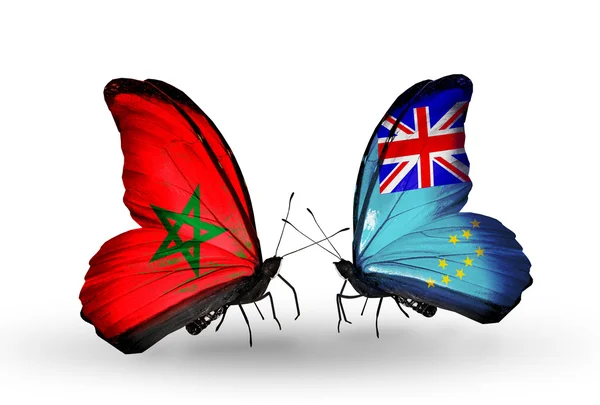 Twee vlinders met vlaggen Marokko en tuvalu — Stockfoto
