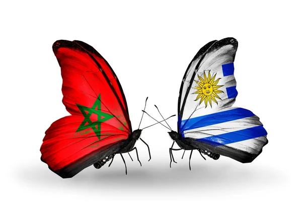 Due farfalle con bandiere Marocco e Uruguay — Foto Stock