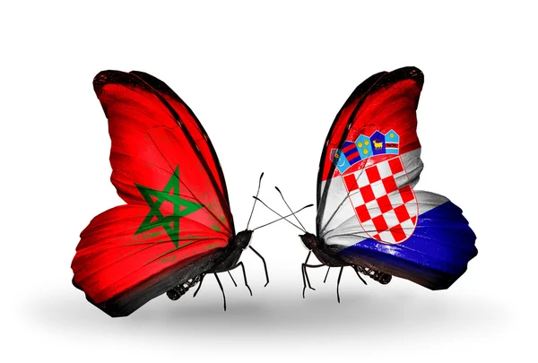 Duas borboletas com bandeiras Marrocos e Croácia — Fotografia de Stock