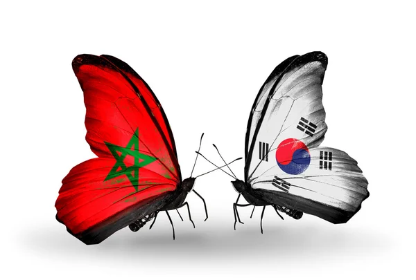 मोरक्को और दक्षिण कोरिया के झंडे के साथ दो तितली — स्टॉक फ़ोटो, इमेज