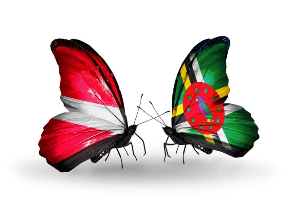 Две бабочки с флагами Латвии и Доминики — стоковое фото