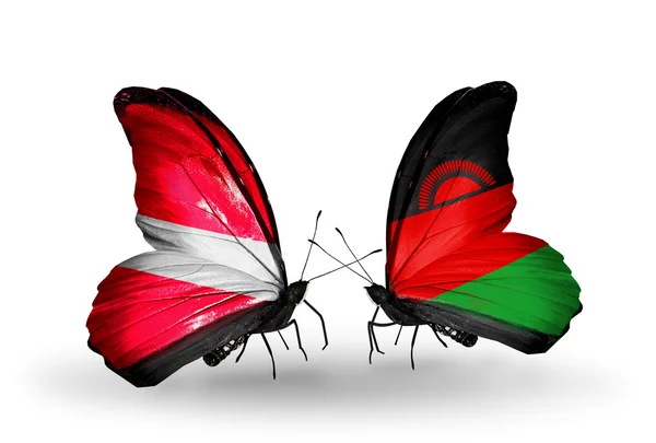 Butterflies with flags of Latvia and Malawi — Stock Photo, Image