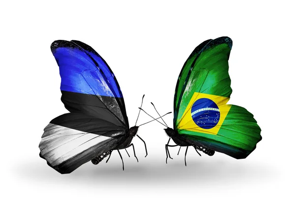 Butterflies with flags of Estonia and Brazil — Stock Photo, Image