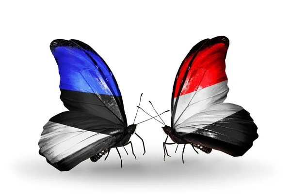 Mariposas con banderas de Estonia y Yemen — Foto de Stock