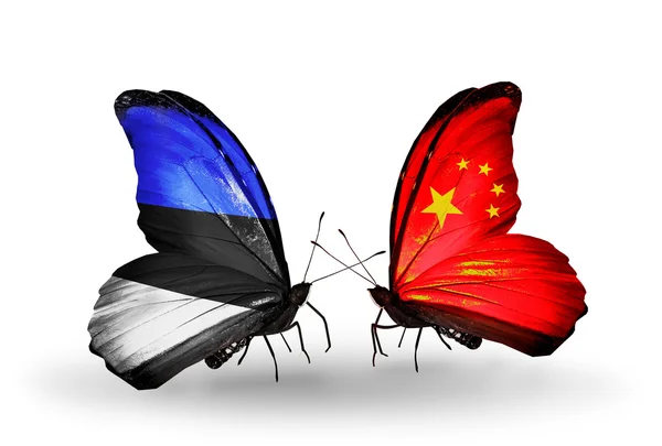 Butterflies with flags of Estonia and China — Stock Photo, Image