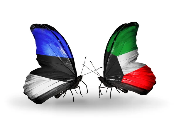 Butterflies with flags of Estonia and Kuwait — Stock Photo, Image