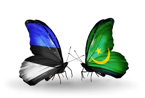 Farfalle con bandiere di Estonia e Mauritania — Foto Stock