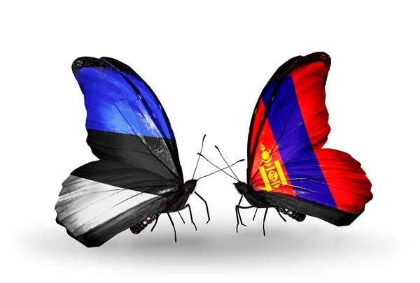 Deux papillons avec des drapeaux d'Estonie et de Mongolie — Photo