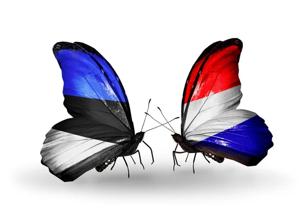 Estonya ve Hollanda bayrakları taşıyan iki kelebek — Stok fotoğraf