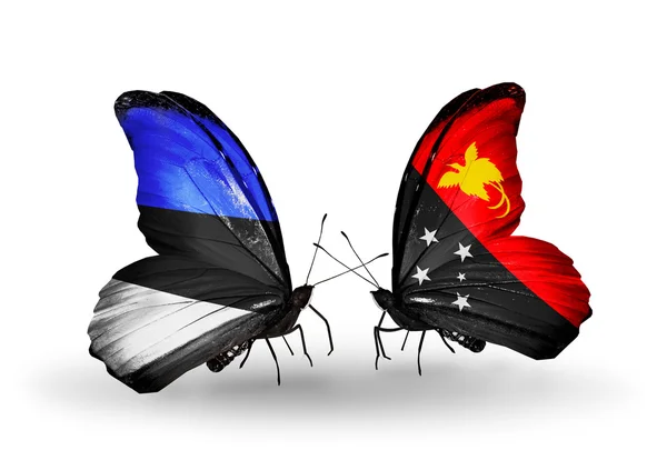 Dos mariposas con banderas de Estonia y Papúa Nueva Guinea —  Fotos de Stock