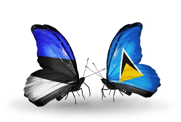 Dos mariposas con banderas de Estonia y Santa Lucía — Foto de Stock