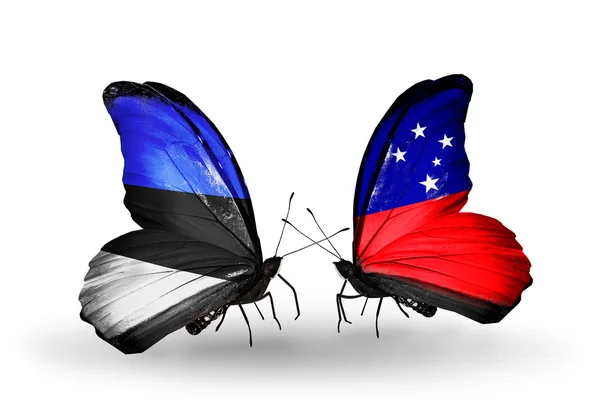 Dwa motyle z flagami Estonii i samoa — Zdjęcie stockowe