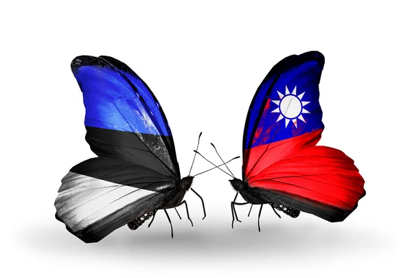 Dwa motyle z flagami Estonii i Tajwanu — Zdjęcie stockowe