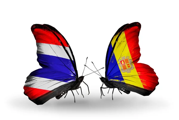Motýli s vlajkami Thajska a Andora — Stock fotografie