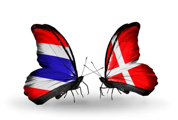 Two butterflies with flags of  Thailand and Denmark — Stock Photo, Image