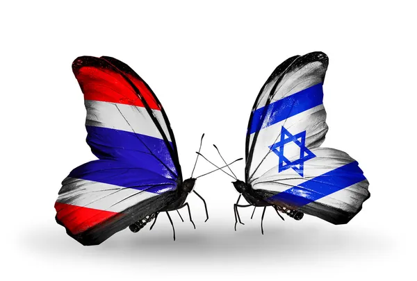 Twee vlinders met lijst van vlaggen van thailand en Israël — Stockfoto