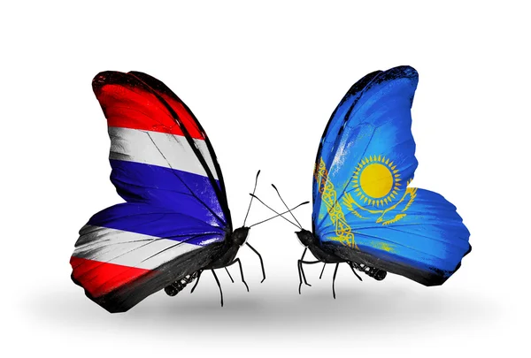 Two butterflies with flags of Thailand and Kazakhstan — Stock Photo, Image